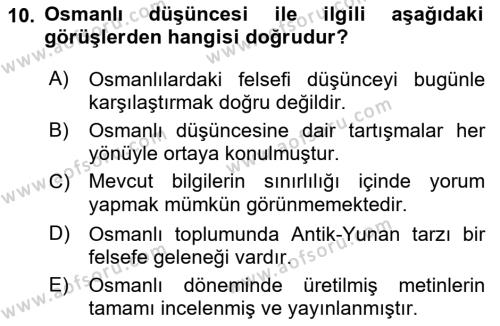 İslam Düşünce Tarihi Dersi 2023 - 2024 Yılı (Final) Dönem Sonu Sınavı 10. Soru