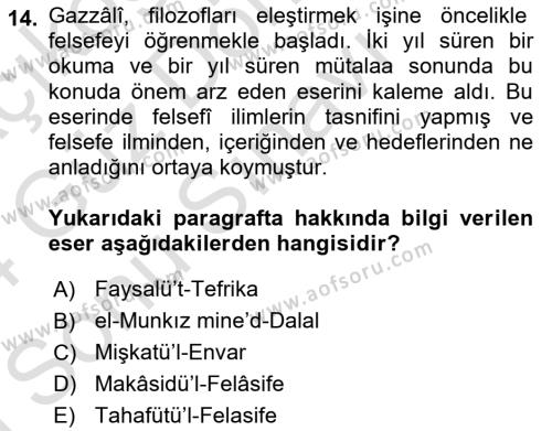 İslam Düşünce Tarihi Dersi 2023 - 2024 Yılı (Final) Dönem Sonu Sınavı 14. Soru