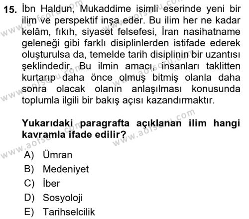 İslam Düşünce Tarihi Dersi 2023 - 2024 Yılı (Final) Dönem Sonu Sınavı 15. Soru