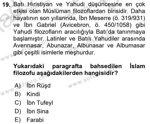 İslam Düşünce Tarihi Dersi 2023 - 2024 Yılı (Final) Dönem Sonu Sınavı 19. Soru