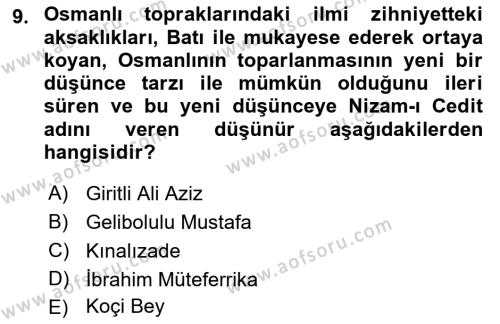 İslam Düşünce Tarihi Dersi 2023 - 2024 Yılı (Final) Dönem Sonu Sınavı 9. Soru