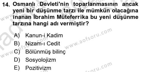 İslam Düşünce Tarihi Dersi 2023 - 2024 Yılı Yaz Okulu Sınavı 14. Soru