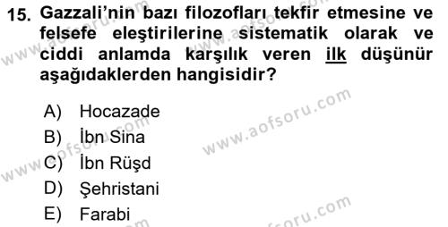 İslam Düşünce Tarihi Dersi 2023 - 2024 Yılı Yaz Okulu Sınavı 15. Soru