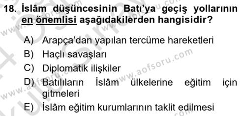 İslam Düşünce Tarihi Dersi 2023 - 2024 Yılı Yaz Okulu Sınavı 18. Soru