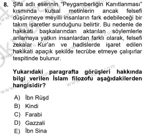 İslam Düşünce Tarihi Dersi 2023 - 2024 Yılı Yaz Okulu Sınavı 8. Soru