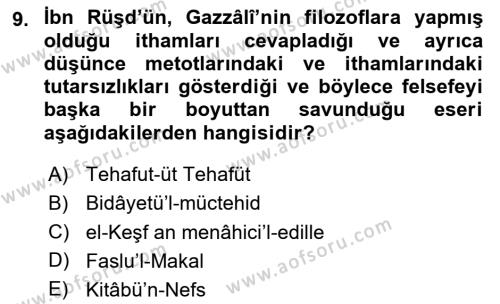 İslam Düşünce Tarihi Dersi 2023 - 2024 Yılı Yaz Okulu Sınavı 9. Soru