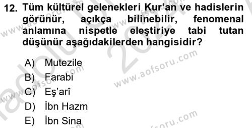 İslam Düşünce Tarihi Dersi 2024 - 2025 Yılı (Vize) Ara Sınavı 12. Soru