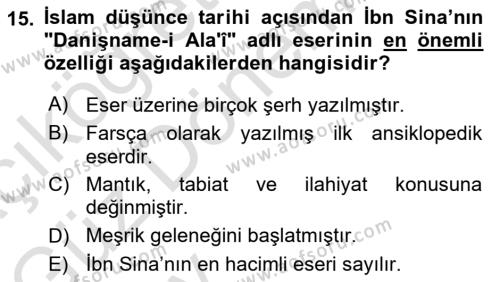 İslam Düşünce Tarihi Dersi 2024 - 2025 Yılı (Vize) Ara Sınavı 15. Soru