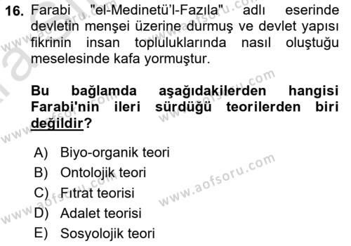 İslam Düşünce Tarihi Dersi 2024 - 2025 Yılı (Vize) Ara Sınavı 16. Soru