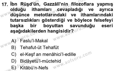 İslam Düşünce Tarihi Dersi 2024 - 2025 Yılı (Vize) Ara Sınavı 17. Soru