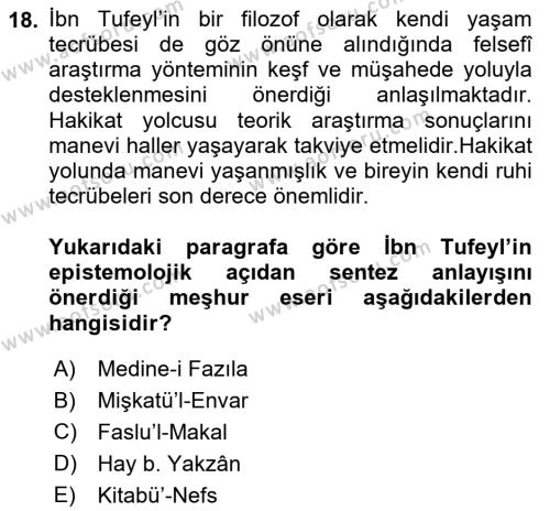 İslam Düşünce Tarihi Dersi 2024 - 2025 Yılı (Vize) Ara Sınavı 18. Soru