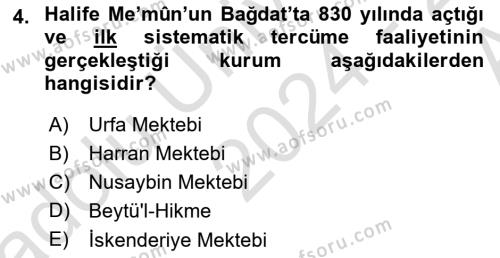 İslam Düşünce Tarihi Dersi 2024 - 2025 Yılı (Vize) Ara Sınavı 4. Soru