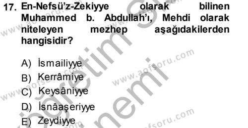İslam Mezhepleri Tarihi Dersi 2014 - 2015 Yılı (Final) Dönem Sonu Sınavı 17. Soru