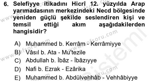 İslam Mezhepleri Tarihi Dersi 2017 - 2018 Yılı (Final) Dönem Sonu Sınavı 6. Soru