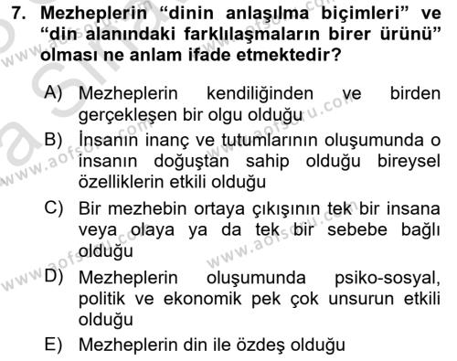 İslam Mezhepleri Tarihi Dersi 2022 - 2023 Yılı (Vize) Ara Sınavı 7. Soru