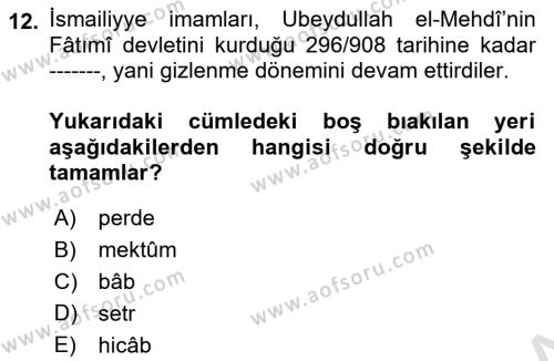 İslam Mezhepleri Tarihi Dersi 2022 - 2023 Yılı Yaz Okulu Sınavı 12. Soru