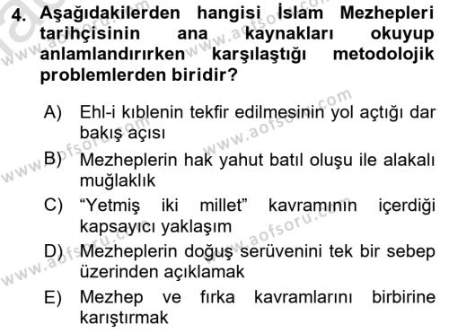 İslam Mezhepleri Tarihi Dersi 2023 - 2024 Yılı (Vize) Ara Sınavı 4. Soru