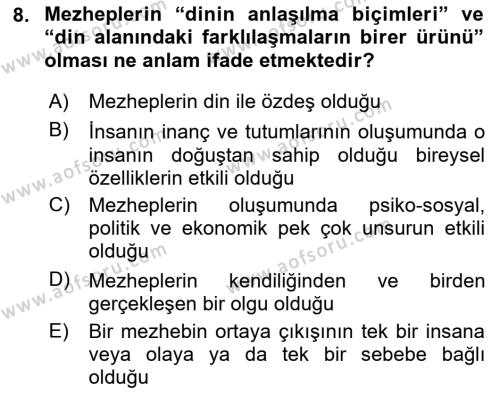 İslam Mezhepleri Tarihi Dersi 2023 - 2024 Yılı (Vize) Ara Sınavı 8. Soru