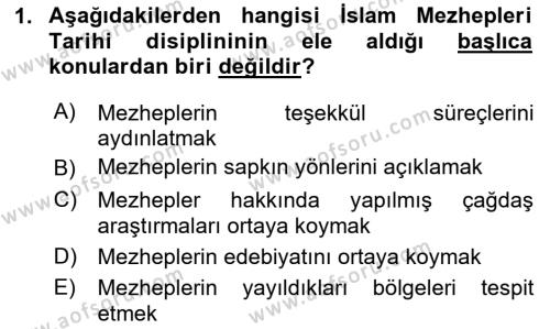 İslam Mezhepleri Tarihi Dersi 2023 - 2024 Yılı Yaz Okulu Sınavı 1. Soru