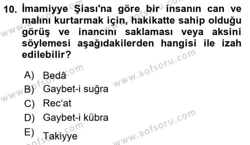 İslam Mezhepleri Tarihi Dersi 2023 - 2024 Yılı Yaz Okulu Sınavı 10. Soru