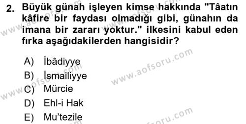 İslam Mezhepleri Tarihi Dersi 2023 - 2024 Yılı Yaz Okulu Sınavı 2. Soru