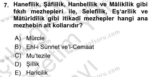 İslam Mezhepleri Tarihi Dersi 2023 - 2024 Yılı Yaz Okulu Sınavı 7. Soru