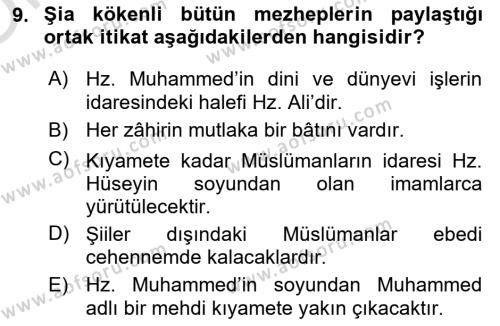 İslam Mezhepleri Tarihi Dersi 2023 - 2024 Yılı Yaz Okulu Sınavı 9. Soru