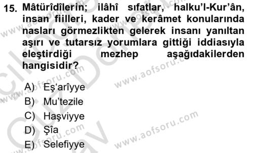 İslam Mezhepleri Tarihi Dersi 2024 - 2025 Yılı (Vize) Ara Sınavı 15. Soru