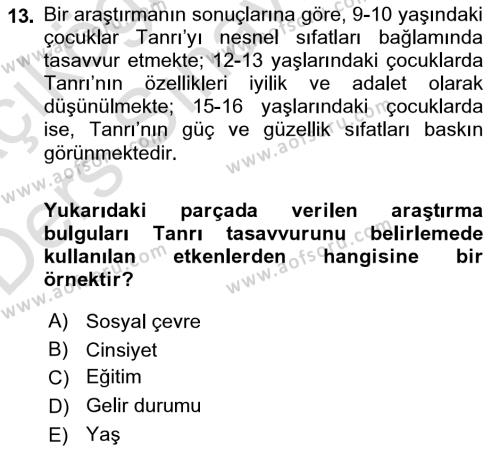 Din Psikolojisi Dersi 2018 - 2019 Yılı 3 Ders Sınavı 13. Soru