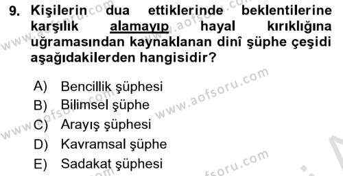 Din Psikolojisi Dersi 2018 - 2019 Yılı 3 Ders Sınavı 9. Soru