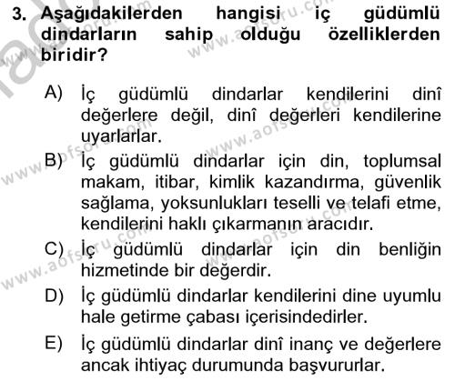 Din Psikolojisi Dersi 2018 - 2019 Yılı Yaz Okulu Sınavı 3. Soru