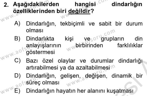 Din Psikolojisi Dersi 2021 - 2022 Yılı Yaz Okulu Sınavı 2. Soru