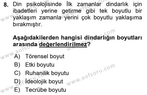 Din Psikolojisi Dersi 2022 - 2023 Yılı (Vize) Ara Sınavı 8. Soru