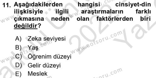 Din Psikolojisi Dersi 2022 - 2023 Yılı Yaz Okulu Sınavı 11. Soru