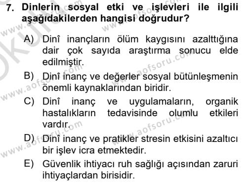 Din Psikolojisi Dersi 2022 - 2023 Yılı Yaz Okulu Sınavı 7. Soru