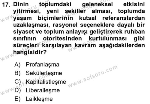 Din Psikolojisi Dersi 2023 - 2024 Yılı (Vize) Ara Sınavı 17. Soru