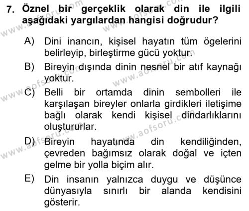 Din Psikolojisi Dersi 2023 - 2024 Yılı (Final) Dönem Sonu Sınavı 7. Soru