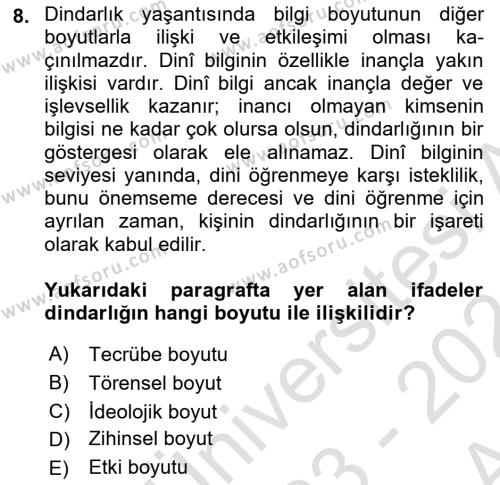 Din Psikolojisi Dersi 2023 - 2024 Yılı (Final) Dönem Sonu Sınavı 8. Soru