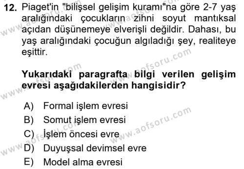 Din Psikolojisi Dersi 2023 - 2024 Yılı Yaz Okulu Sınavı 12. Soru