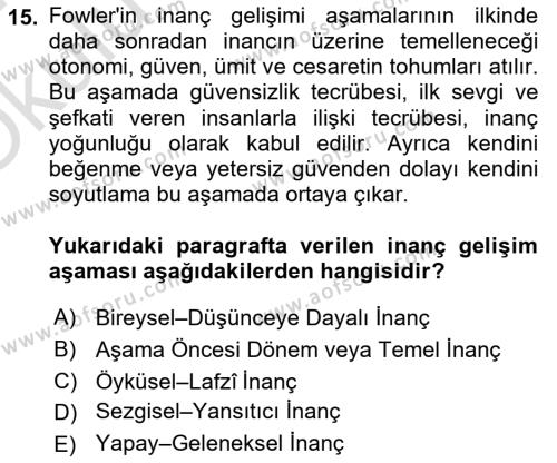 Din Psikolojisi Dersi 2023 - 2024 Yılı Yaz Okulu Sınavı 15. Soru