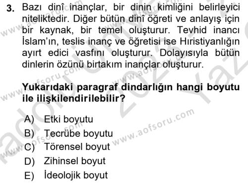 Din Psikolojisi Dersi 2023 - 2024 Yılı Yaz Okulu Sınavı 3. Soru