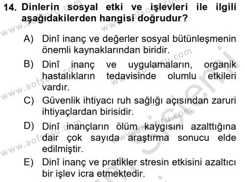 Din Psikolojisi Dersi 2024 - 2025 Yılı (Vize) Ara Sınavı 14. Soru