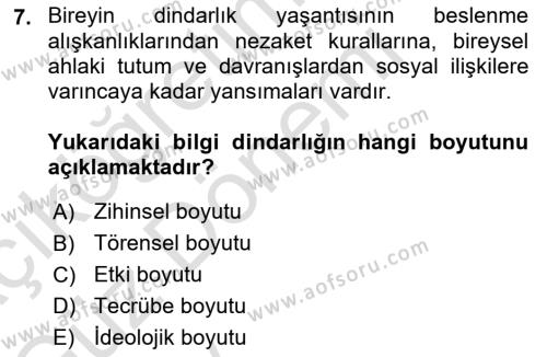 Din Psikolojisi Dersi 2024 - 2025 Yılı (Vize) Ara Sınavı 7. Soru