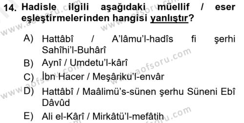 Hadis Dersi 2018 - 2019 Yılı (Vize) Ara Sınavı 14. Soru