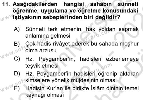 Hadis Dersi 2021 - 2022 Yılı (Vize) Ara Sınavı 11. Soru