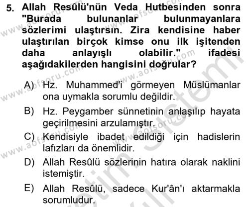 Hadis Dersi 2021 - 2022 Yılı (Vize) Ara Sınavı 5. Soru