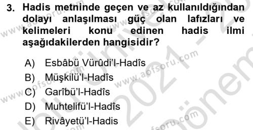 Hadis Dersi 2021 - 2022 Yılı (Final) Dönem Sonu Sınavı 3. Soru