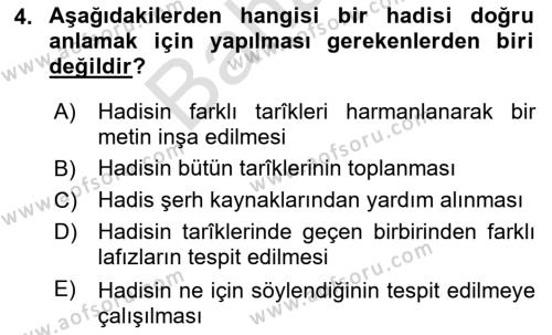 Hadis Dersi 2021 - 2022 Yılı (Final) Dönem Sonu Sınavı 4. Soru