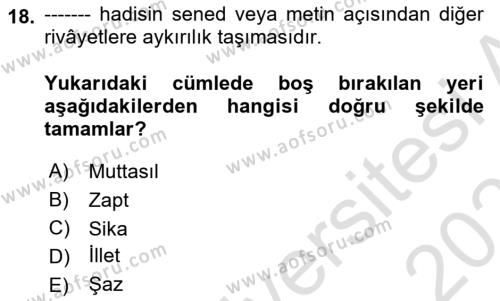 Hadis Dersi 2022 - 2023 Yılı Yaz Okulu Sınavı 18. Soru