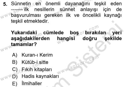 Hadis Dersi 2022 - 2023 Yılı Yaz Okulu Sınavı 5. Soru